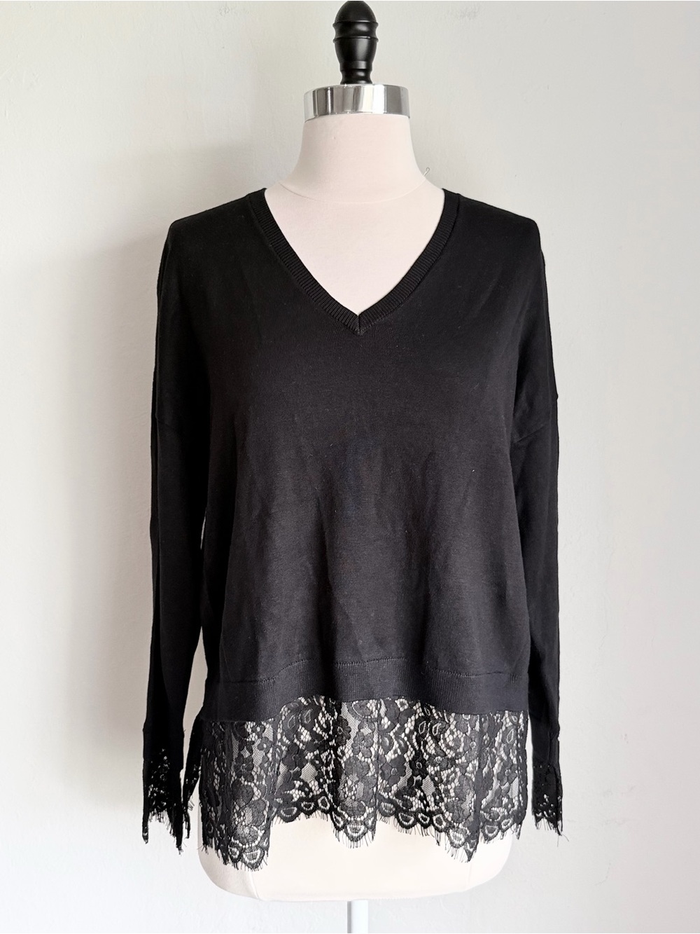Adrianna Papell V-Neck Solid Twofer Knit Sweater Eyelash Lace Trim, Black, M
